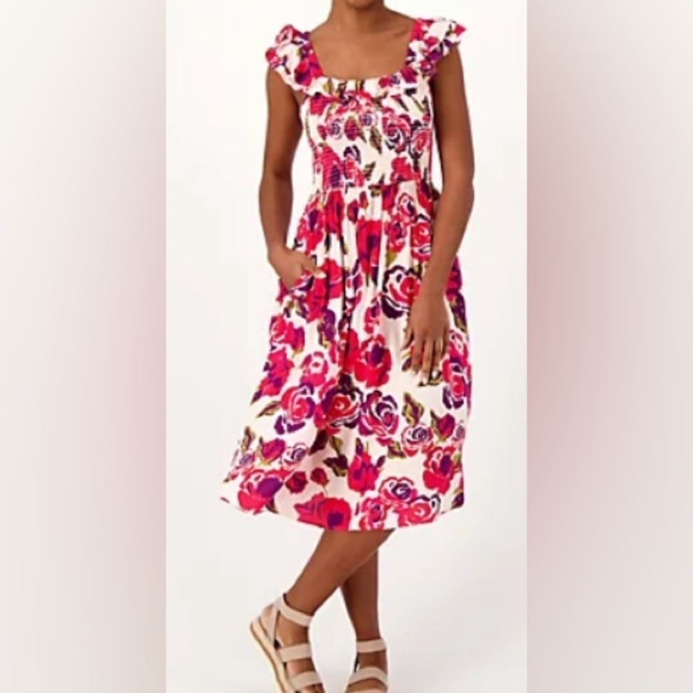 Destination 365 - NEW -Printed Ruffle Tank Dress With Smocking. A599116. Red Bud